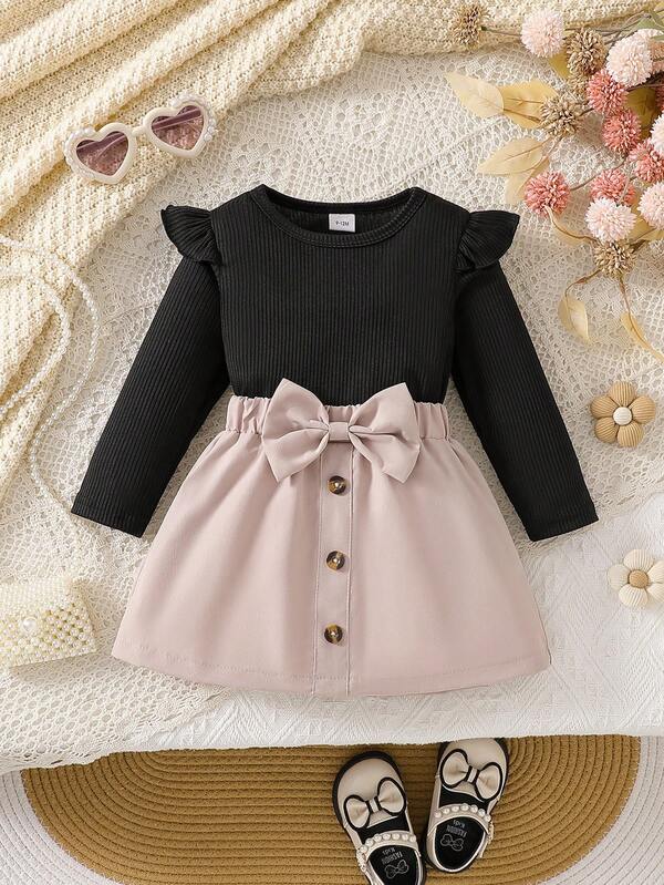 Baby Girl Elegant & Sweet Newborn Baby Cute Round Neck Long Sleeve T-Shirt + Skirt Autumn Casual Outfit, Suitable For 0-3 Years Old Babies To Look Adorable All Autumn