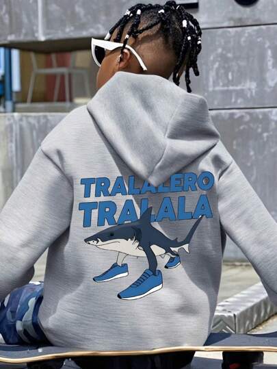 Tween Boy Casual Simple Shark Print Hoodie Boys Long Sleeve Sweatshirt Autumn And Winter Student Style