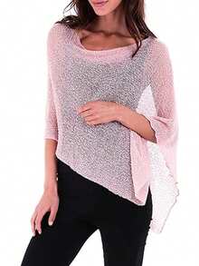 Women Sheer Knit Poncho Y2K Off Shoulder Asymmetric Shrug Sweater Pullover Top Lightweight See Through Cover Up Tops  Pullover Sweaters Tops - 紫色 - 查看 4