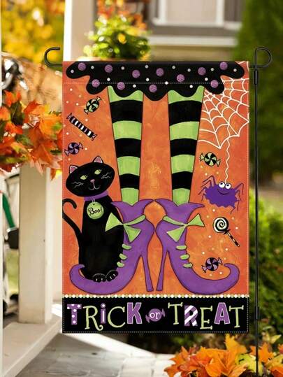 1 Stück Halloween Hexen Gartenflagge - Mit einer schwarzen Katze, lila Schuhen und einem "Trick oder Geschenk" Design, diese robuste beidseitig bedruckte Polyester Outdoor Dekofahne ist geeignet für Rasen, Veranda, Hof und Garten Dekoration. Sie ist perfekt für bizarre Outdoor- und Innenraum-Feierlichkeiten und Halloween Dekorationen.