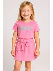 Barbie Vestido para niña en tejido de punto, sin manga, cuello redondo, con crop de manga corta bordado con lentejuela y estampado. - Rosa - Ver 1