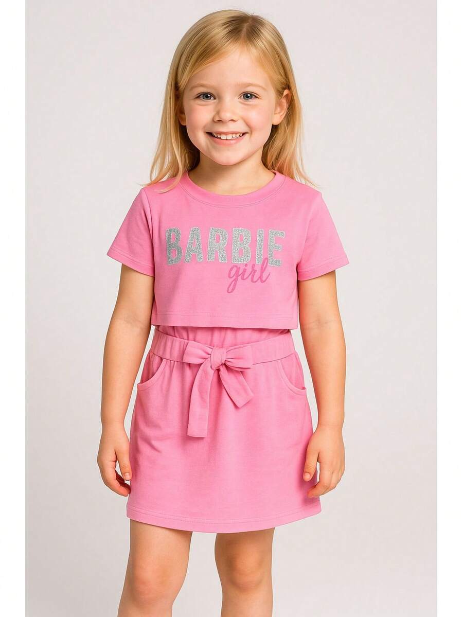 Barbie Vestido para niña en tejido de punto, sin manga, cuello redondo, con crop de manga corta bordado con lentejuela y estampado. - Rosa - Ver 1