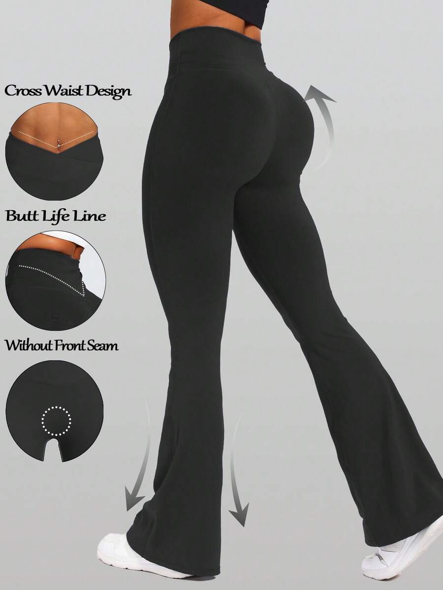 Flare Leggings, Crossover Yoga Pants With Tummy Control, High-Waisted And Wide Leg,Women's High Waist Solid Color Flared Pants Sports Yoga Pants Compression Leggings Running Fitness Pants, Women's Clothing, Women's Leggings, Women's TrousersIt Is Suitable For Outdoor Sports, Indoor Yoga And Street Shopping - 黑色 - 查看 1