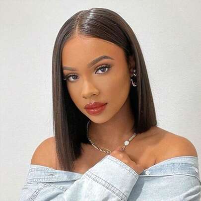 QVR QUEEN VIRGIN REMY Peluca Bob con cierre de encaje de cabello humano 100% QVR, peluca frontal de encaje de cabello humano Remy, 8-10 pulgadas, densidad del 180%, color negro natural sin pegamento, fácil de usar y mantener