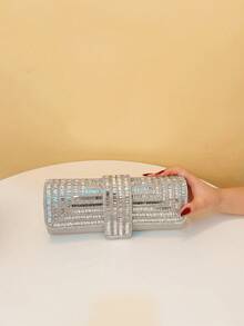 女士晚装包亚克力亮片手提包盖开口女式水钻手拿包 - 銀色 - 查看 2