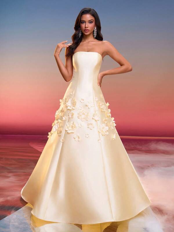 Women's Elegant 3D Floral Decor Bandeau Formal Evening Gown