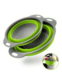 1 / 2 Pieces Green Plastic Folding Slider, Vegetable & Fruit Washing Basket, Drainage Tool, Filter Basket, Drainage Basket, Coater, Small & Large Sizes, Silicone Telescopic Coater With Handle For Kitchen/Home/Round Format, Kitchen Supplies, Kitchen Utensils, Kitchen Accessories,Camping Outdoor Use - Multicolor - View 1