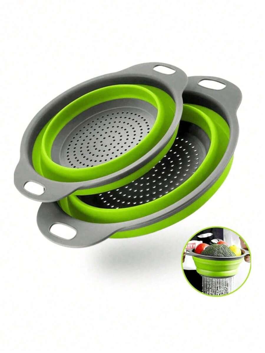 1 / 2 Pieces Green Plastic Folding Slider, Vegetable & Fruit Washing Basket, Drainage Tool, Filter Basket, Drainage Basket, Coater, Small & Large Sizes, Silicone Telescopic Coater With Handle For Kitchen/Home/Round Format, Kitchen Supplies, Kitchen Utensils, Kitchen Accessories,Camping Outdoor Use - Multicolor - View 1