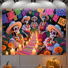 1pc Halloween Party Banner, Made Of Polyester Material, With A Skull Party Background Picture, Suitable For The Atmosphere Decoration Of The Day Of The Dead - Halloween, Indoor And Outdoor Decoration, Festival Decoration, And Background Picture Decoration For Photography - Multicolor - View 4