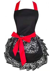 Black Lace Flirty Apron With Pocket, Retro Cooking Aprons Women - 黑色蕾絲 - 查看 8
