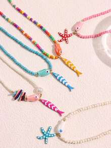 1 件波西米亚风格彩色串珠不锈钢油滴海星和鱼吊坠项链，简约优雅的海滩度假珠宝，多功能海洋主题配饰 - 彩色 - 查看 10
