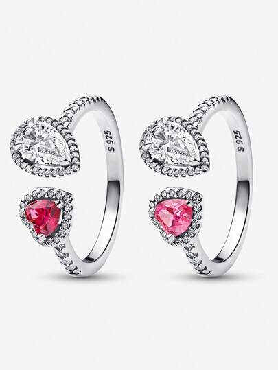 1枚奢华闪亮心形泪滴镶嵌925纯银戒指，优雅珠宝礼品，适合女性日常佩戴、情人节、生日等场合。