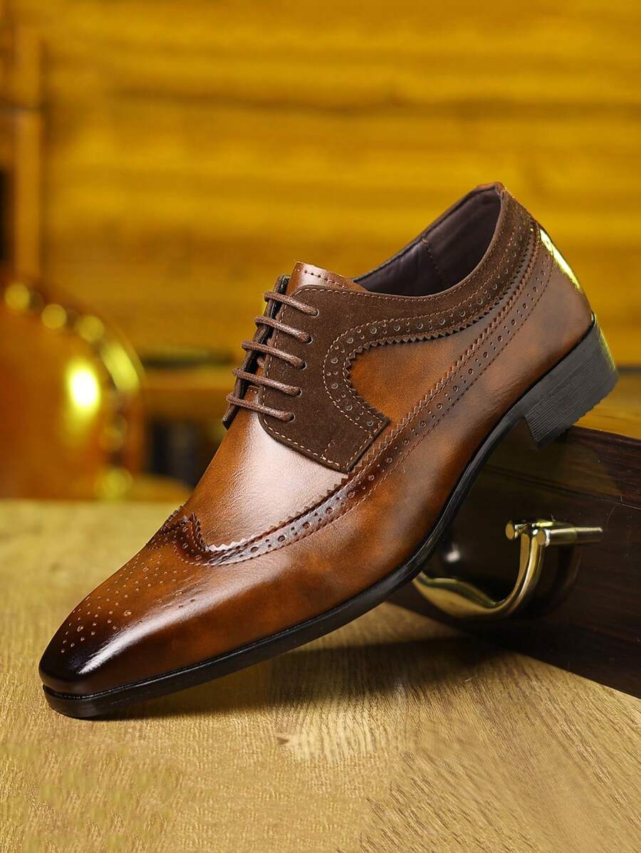 New Carved Brogue Oxford Formal Dress Shoes, Lace-Up Derby Pointed Toe Wedding Shoes For Men, Plus Size Formal/Business Formal