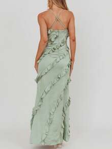 Women's Maxi Ruffle Dress Sleeveless V Neck Spaghetti Strap Ruched Long Cocktail Dresses - Green - View 4