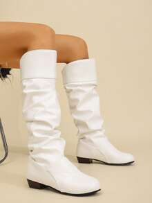 Bốt cao đến đầu gối, thoải mái, thanh lịch và hợp thời trang dành cho nữ, bốt cao gót đế dày, mũi tròn, xếp ly cỡ lớn, Bộ sưu tập Thu/Đông 2025 mới, Dự tiệc - trắng - Xem 3