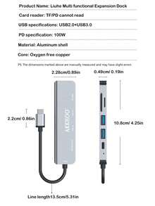 六合一 Type-C 集线器，支持 100W PD 快充，双 SD/TF 卡槽，高效文件传输，便携式多功能扩展坞