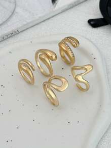 6 件复古简约奢华水钻戒指套装，金属金开口指环，女士时尚配饰，适合日常、聚会、度假、朋友礼物 - 金黃色 - 查看 8