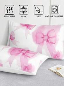 3件粉色蝴蝶结数码印花羽绒被套套装（1个羽绒被套+2个枕套，无填充物），适合房间装饰，日常使用，柔软亲肤的涤纶纤维，适用于卧室、主卧、客房、宿舍，四季皆宜