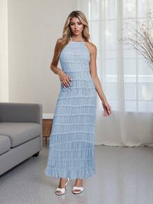 Women's Ruched Bodycon Long Dress Sleeveless Backless Solid Color Dress Cocktail Party Dress - Blue - View 3