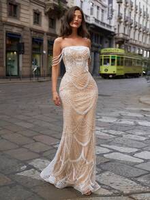 Faeriesty Đầm dạ hội đuôi cá sang trọng, thanh lịch dành cho nữ, đính sequin và hạt cườm, được tô điểm bằng dây đeo vai và dây xích đính cườm tinh xảo, họa tiết sequin hình quạt tuyệt đẹp và thiết kế lưng hở buộc dây | Đầm dạ hội sang trọng | Hoàn hảo cho các bữa tối trang trọng, đám cưới, dạ hội, tiệc tùng cao cấp và trang phục dự tiệc mùa hè mùa xuân - Rượu sâm banh - Xem 5