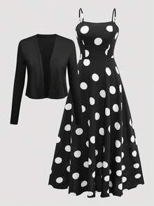 女士波点吊带连衣裙，系带腰身，喇叭裙摆，搭配针织开衫，波西米亚风印花夏季度假装扮 - 黑與白 - 查看 10