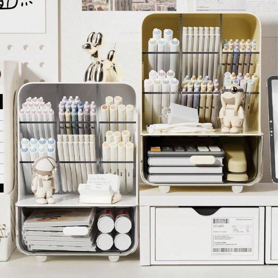1 件斜置笔筒收纳盒，多层大容量带抽屉，桌面学生铅笔盒，办公用品整理架，适用于学校用品，返校