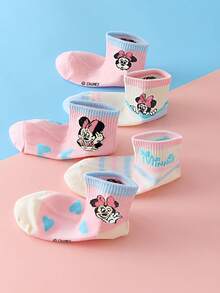 Disney 5双主题儿童袜子，米奇卡通风格女童中筒袜，粉色公主袜 - 彩色 - 查看 2