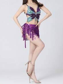 Women's Short Tops With Shiny Sequins Embellished Irregular Butterfly Look Sleeveless Camisole Vest - 紫色 - 查看 6