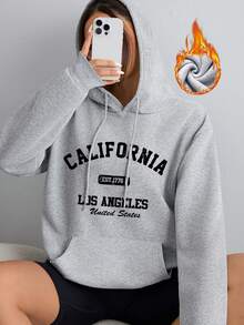 [舒适图案连帽衫] 舒适图案连帽衫 - 加州和洛杉矶涤纶系带套头衫，加厚柔软连帽运动衫，带前袋，秋冬休闲街头服饰 - 淺灰色 - 查看 1