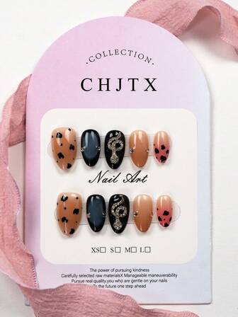 YINZIJIA Unique Design, 10 Pieces, Handmade Pressed Fake Nails, Nude Spots Embellished, Surrounded By Rhinestones With Snake Shaped Pattern Design Art Style, Short Size, Almond Shaped Pressed Acrylic Fake Nails, Suitable For Daily Wear And Holiday Parties Of Summer Nail Girls And Women As Perfect Gifts