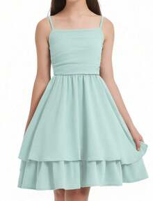 EXARUS Girls Flowy Ruffled Hem/Puff Bubble Dress Teen Ruched Summer Adjustable Spaghetti Strap Casual Cami Mini Dresses - 薄荷綠 - 查看 2