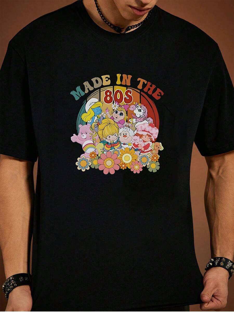 Men's Retro 80s Cartoon Character TShirt  Nostalgic Design Featuring ..Smurfs More Vintage Rainbow Flowers 80s Vibe Graphic Tee.Perfect Gift For 80s Kids!