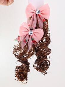 1 Pair Girls Coral Red Strawberry Print Rhinestone Mesh Bow Hair Clips, Cute Princess Style Hair Accessories - Multicolor - View 4