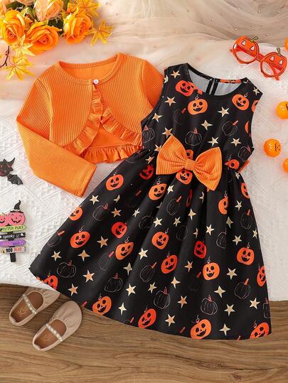 2pcs Girls Young Girl Spring/Autumn Knit Long Sleeve Ruffle Cardigan & Halloween Pumpkin Print Long Skirt Set