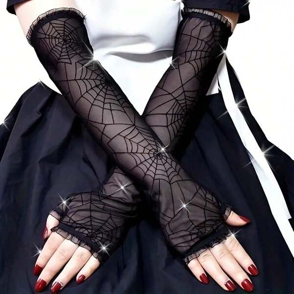 1 Paar schwarze spinnenmuster-Spitzenhandschuhe für Frauen, Y2K schwarze halbtransparente fingerlose Handschuhe, Halloween dekorierte Gothic Damenhandschuhe