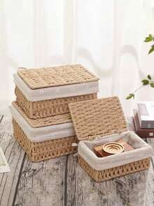 3pcs/2pcs/1pc Woven Storage Basket With Lid, Suitable For Storing Cosmetics, Keys, Snacks, Applicable For Living Room, Hallway, Home Decor, Craft Box, Wedding Gift Basket, Suitable For Back To School Season - Apricot - View 3