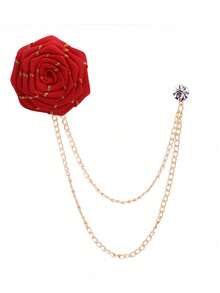 1pc Handmade Fabric Rose Flower Brooch Pin With Tassel Chain, Men's Suit Accessory - Burgundy - View 2