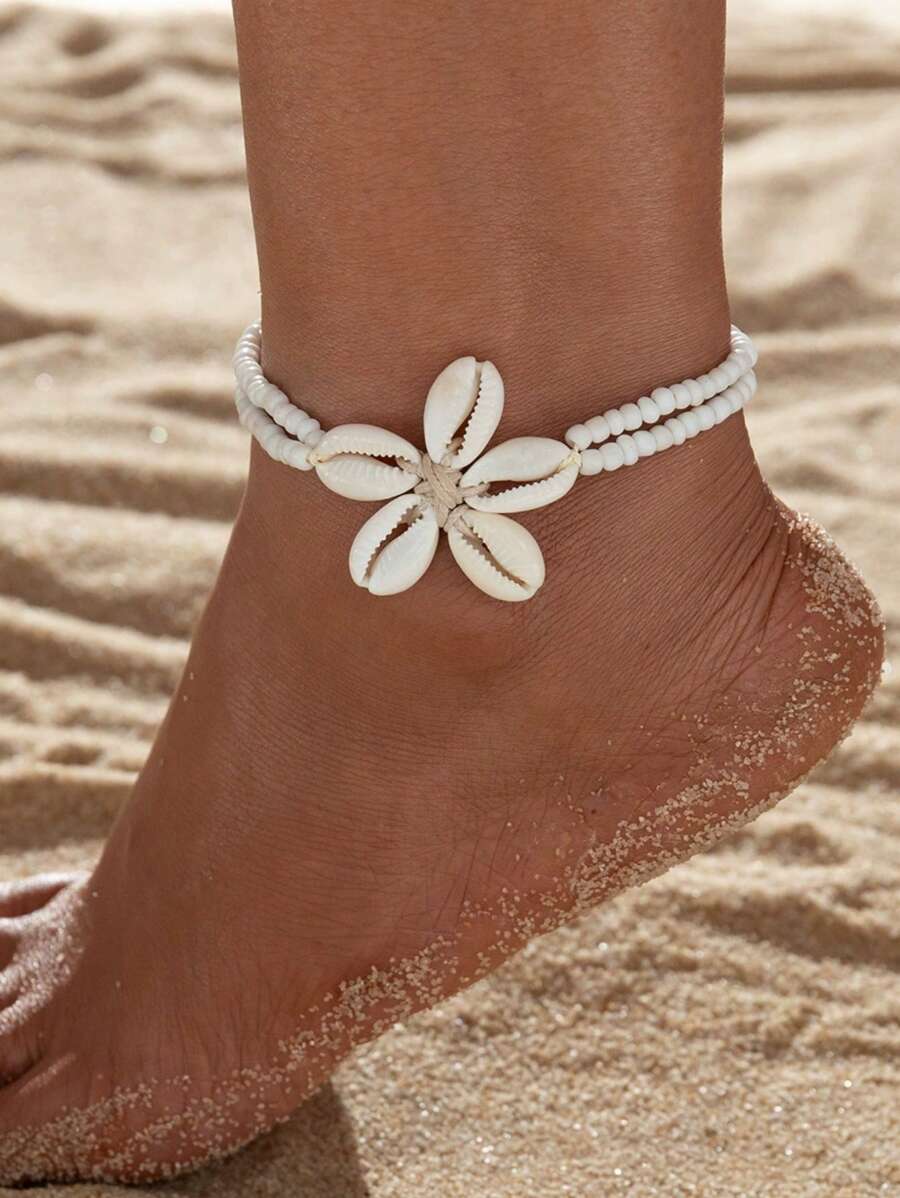 Bohemian Beach Resort Flower Shaped Shell Woven Adjustable Anklet For Women