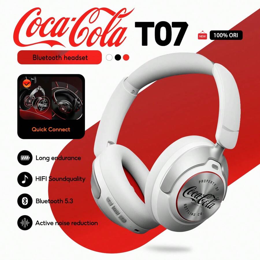Coca Cola سماعات رأس بلوتوث إلغاء الضوضاء فوق الأذن T07 مع محركات ديناميكية 40 مم ، إلغاء الضوضاء النشط ، عمر البطارية 100 ساعة