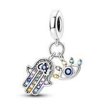 1 Stück Silberfarbener, exquisiter blauer Emaille-Zirkonia, glücklicher Fatima Hamsa Hand, Palme, böser Blick, religiöser Schutzanhänger, passend für original Armband, Halskette, Anhänger, Perlen für DIY Schmuckherstellung, Frauen, Mädchen, Geburtstagsschmuck, Geschenk für Freunde