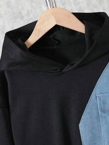 Tween BoyCasual Hooded Patchwork Print Pocket Denim Long Sleeve Sweatshirt And Pocket Denim Pants Set - Black - View 4