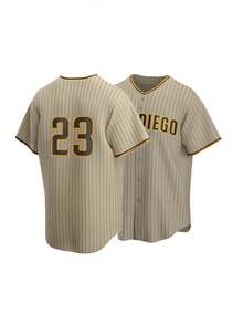 Men's Baseball Jersey 23 Brown Button-Down Embroidered Sports T-Shirt Gym Clothes Men Basic T Shirt - 棕色 - 查看 1