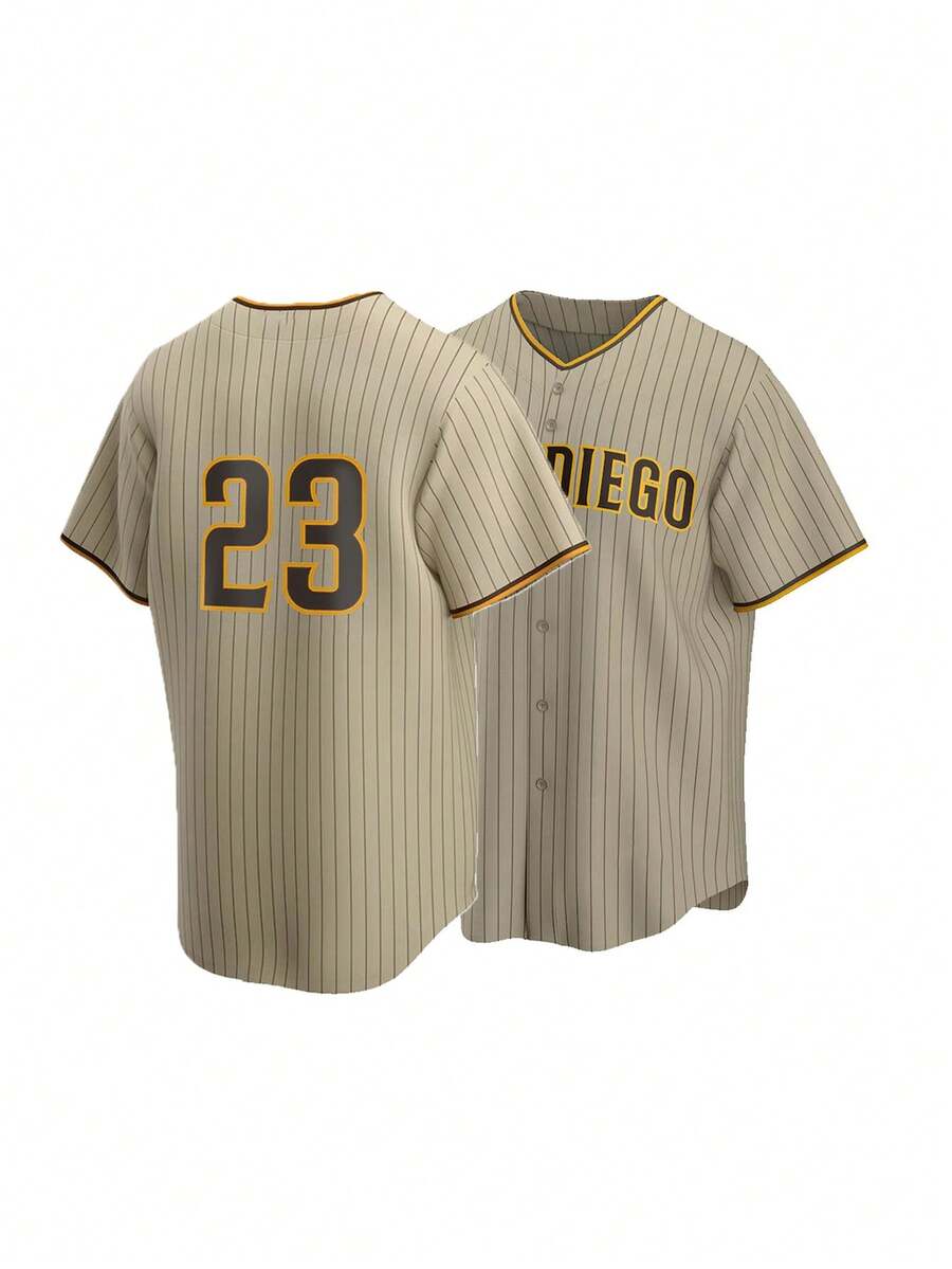 Men's Baseball Jersey 23 Brown Button-Down Embroidered Sports T-Shirt Gym Clothes Men Basic T Shirt - 棕色 - 查看 1