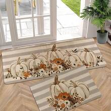 1/2 件秋季感恩节地垫，经典灰白条纹背景搭配白色南瓜图案厨房地垫，适用于派对装饰、厨房、浴室、卧室、厨房和餐厅、感恩节装饰、节日地板布局 - 彩色 - 查看 1