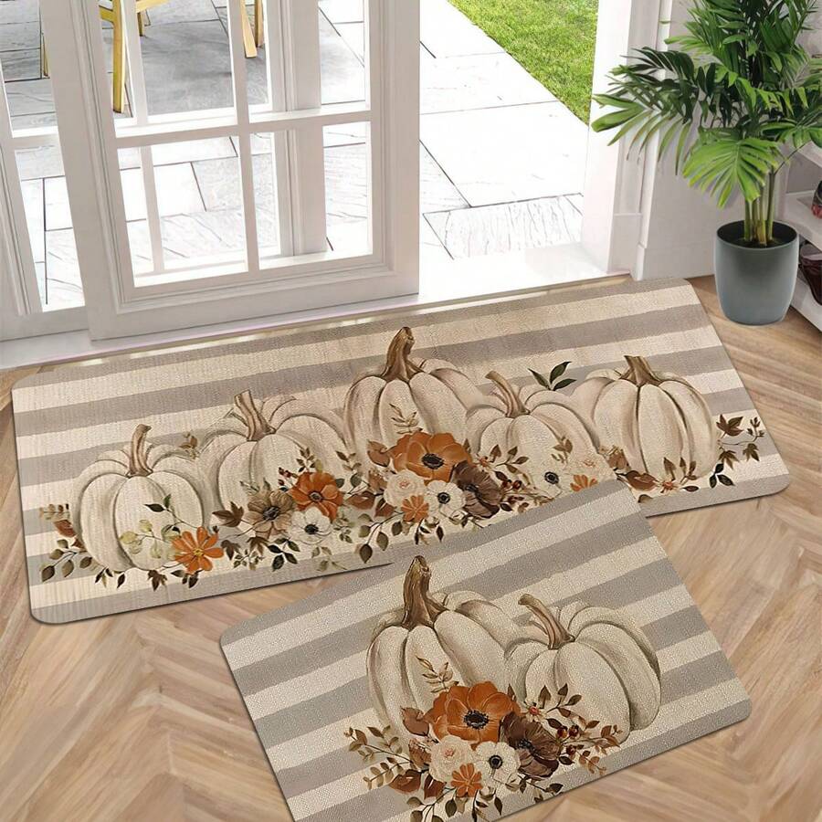 1/2 件秋季感恩节地垫，经典灰白条纹背景搭配白色南瓜图案厨房地垫，适用于派对装饰、厨房、浴室、卧室、厨房和餐厅、感恩节装饰、节日地板布局 - 彩色 - 查看 1
