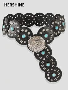 1 szt. Turkusowy pasek damski w stylu vintage, styl boho, styl zachodni, złoty pasek z okrągłą klamrą i ozdobnymi przelotkami, jednolity kolor, boho, skórzany pasek ze skóry PU, odpowiedni do sukienek, spódnic, koszul, spodni, szkoły, na wakacje, na co dzień, na imprezy