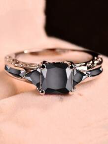 925 Sterling Silver Ring With Purple And Black Square Cubic Zirconia, Hypoallergenic & Nickel-Free, Suitable For Daily Wear And Special Occasions