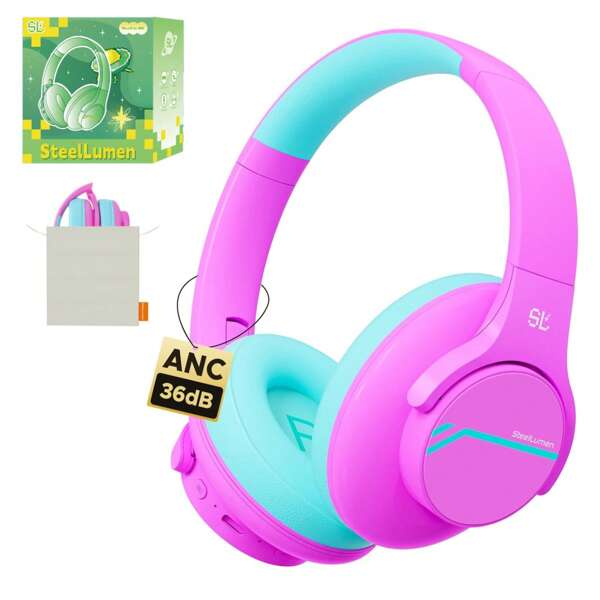 Qearfun Nova1Lite Kids Wireless Active Noise Cancelling Headphones, Bluetooth 5.3, Safe Volume 74/85/94dB, Real 40H Battery, Type-C Fast Charging, Built-In Mic For School Travel Airplane, Pink