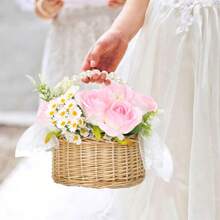 一套柳条花童篮和头饰，手工编织柳条篮，配珍珠手柄和蝴蝶结，仙女花篮，婚礼花童珍珠头饰，适合婴儿派对 - 彩色 - 查看 3