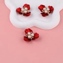 10/5 chiếc cúc trang trí hình hoa đính ngọc trai và đá quý, phụ kiện trang trí thủ công DIY. - Đỏ - Xem 3